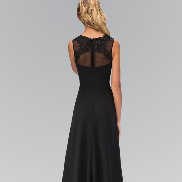 NEW LONG SLEEVELESS A-LINE CHIFFON DRESS WITH ILLUSION SCOOP NECKLINE GL1375 - Picture 5 of 9